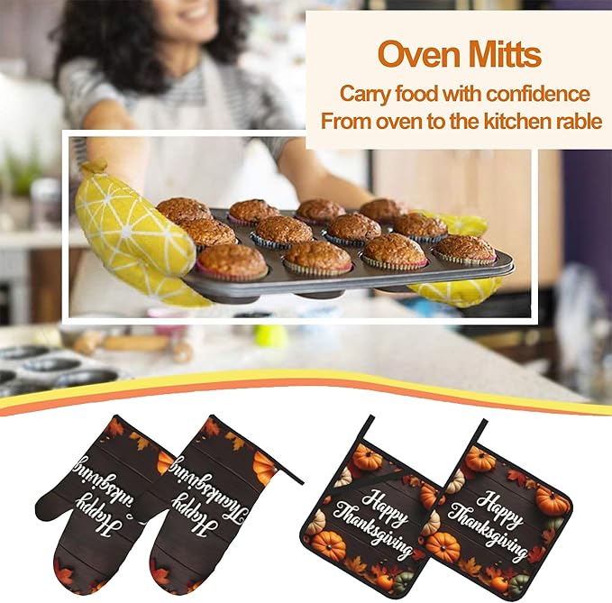 Happy Thanksgiving Pumpkin Oven Mitts with Matching Potholders - Heat Resistant Kitchen Accessories for Baking, Grilling, Cooking, Gifts for Women