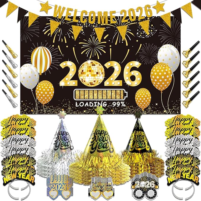 2026 New Year Eve Party Supplies for 24 Guests - New Years Decorations Black Gold, Large Happy New Year 2026 Banner , Glitter Cone Hats , Welcome Banner, Headwear, Eyeglasses and Party Blowers