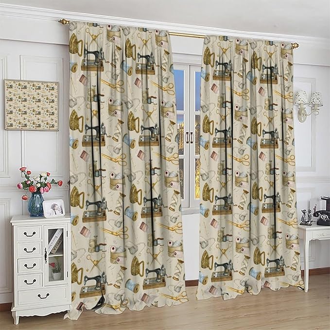 Sewing Theme Curtain,Sewing Machine Pattern for Girls Teens Women Adult Window Treatment Curtains for Bedroom Cafe Dining Room Office Living Room Kitchen Drapes, 52x84 in