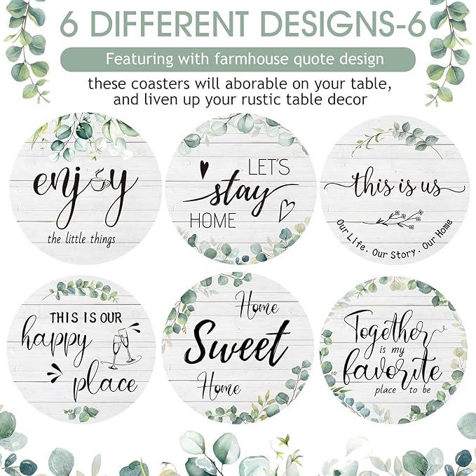 Queekay Coasters Set of 6 House Warming Gifts New Home Wooden Farmhouse Drink Coasters with Holder 4'' Funny Decoration for Kitchen Family Coffee Bar Tabletop Protection(Eucalyptus Leaf Color)