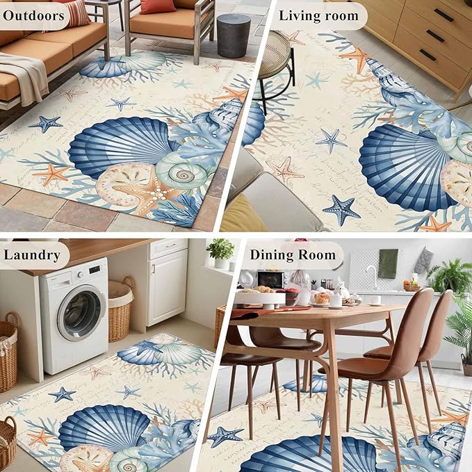 Area Rug 3x5ft, Summer Blue Shells Starfish Washable Rugs for Living Room Bedroom, Vintage Coral Shells Fish Soft Non-Slip Area Rugs Rectangle Floor Carpet for Dining Room