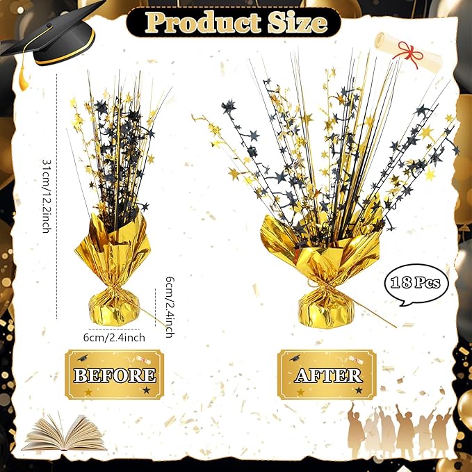 18 Pack 2026 Graduation Table Centerpiece Decoration Metallic Foil Spray Centerpiece Glitter Star Brust Table Topper Decoration for Graduation Birthday New Year Holiday Party Supplies (Black and Gold)