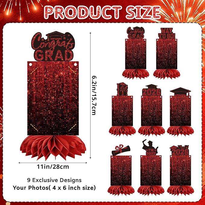 9 PCS Graduation Party Decorations Class of 2026 Honeycomb Centerpieces, Honeycomb Centerpieces for Graduation Photo Toppers Table Decorations. (Grad.Red)