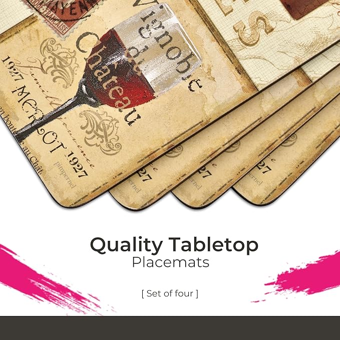 Pimpernel French Cellar Collection Placemats | Set of 4 | Heat Resistant Mats | Cork-Backed Board | Hard Placemat Set for Dining Table | Measures 15.7” x 11.7” Ivory