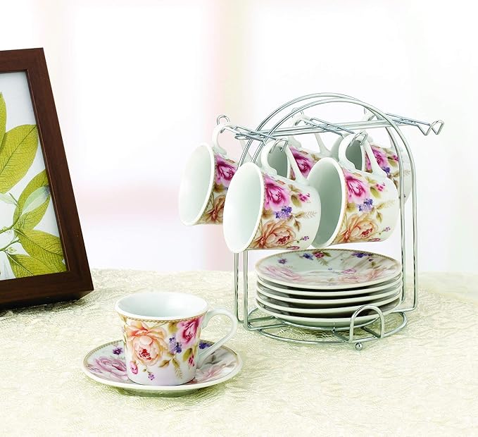 Set of 6 Espresso Cups 2oz. On Metal Stand-Pink and Ivory Flower