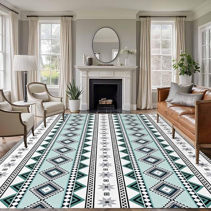 Area Rug 9x12ft, Boho Diamond Pattern Washable Rugs for Living Room Bedroom Rectangle Floor Carpet, Ethnic Style Blue Strips Soft Non-Slip Area Rugs for Dining Room
