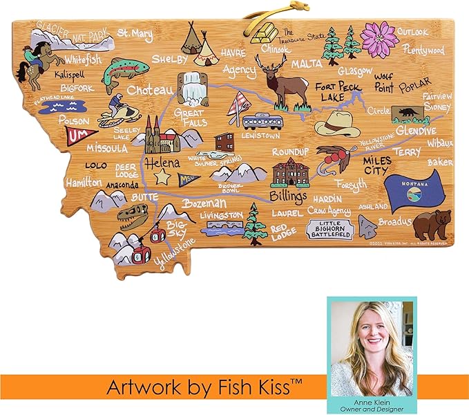Totally Bamboo Montana State Shaped Cutting Board and Charcuterie Serving Platter with Artwork by Fish Kiss, Includes Hang Tie for Wall Display
