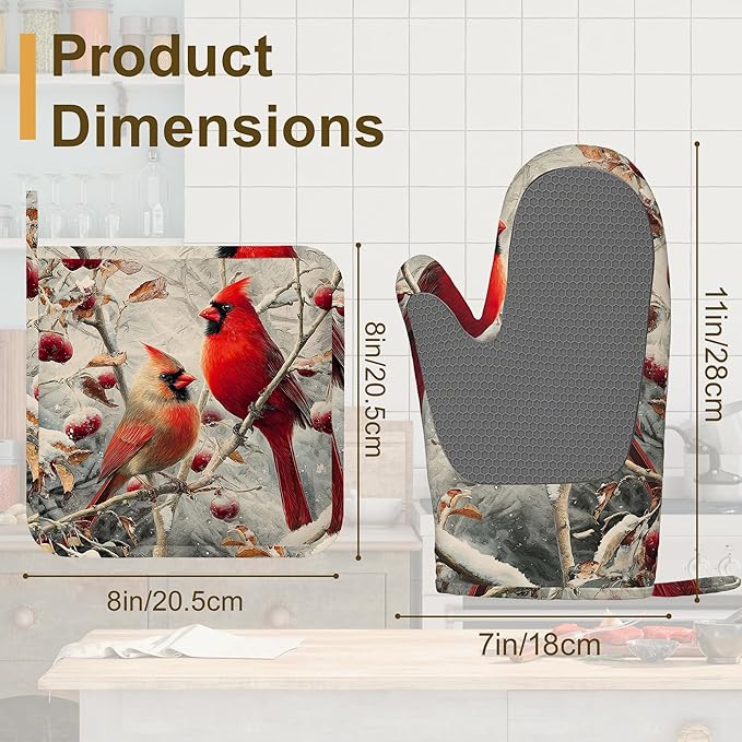 Red Cardinal Birds Winter Oven Mitts and Pot Holders Sets of 4,Heat Resistant Silicone Oven Mitts Gloves Non-Slip Kitchen Mittens Potholders for Cooking Baking Grilling BBQ