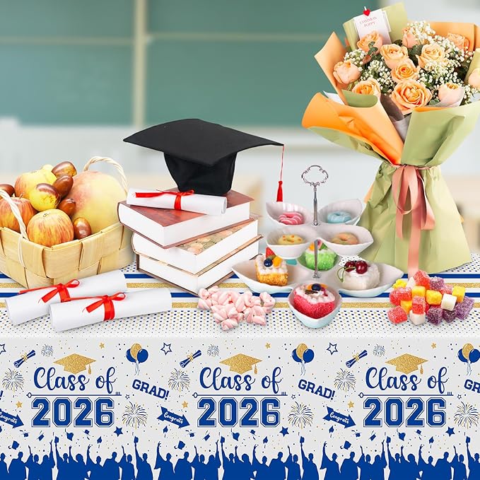 Graduation Decorations Class of 2026 Tablecloth - 3 Pcs Plastic Congrats Grad Table Cloth, Graduation Table Cover for Graduations Party Decorations 2026 and Party Supplies, 54"x108" (Blue and Gold)