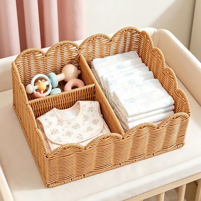 Rattan Divided Scalloped Basket,Wicker Diaper Caddy Scalloped Baske,Woven Natural Basket with 4 Dividers,Suitable for Baby Rooms, Bathrooms, Bedrooms (Imitation Rattan)