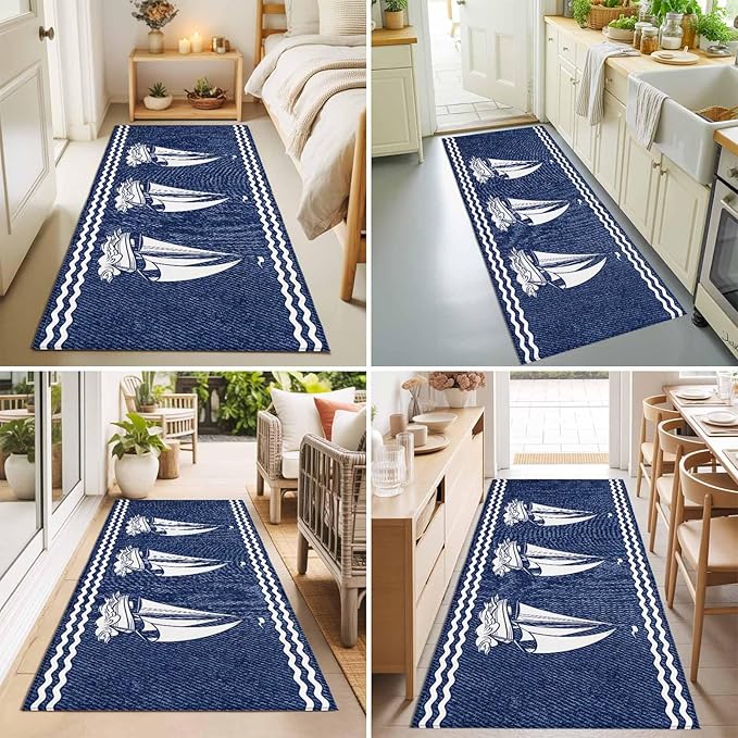 Runner Rug for Bedroom Hallway, Nautical Sailing Boat on Steel Blue Kitchen Runner Rugs Area Rug 2x6ft, Vintage Water Waves Washable Soft Floor Carpet for Entryway Stair