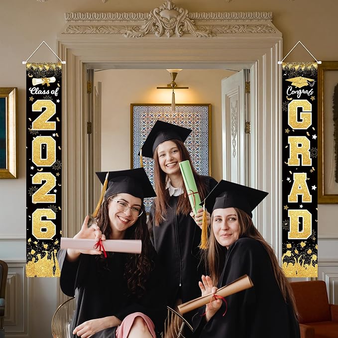 2026 Graduation Party Decorations - Black Gold Class of 2026 Congrats Grad Porch Sign Banner Hanging Flag Graduation Party Supplies for School College Classroom Decor