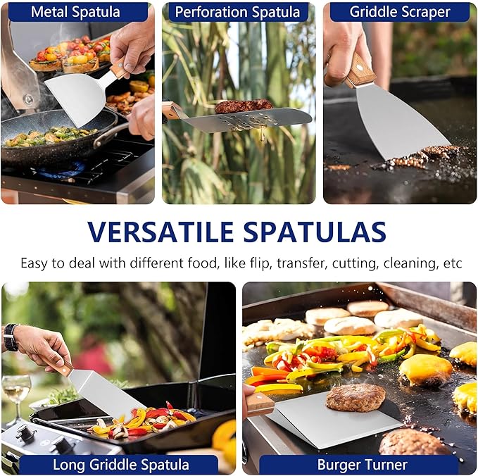 18Pcs Griddle Accessories Kit for Blackstone, Joyfair Flattop Grilling Accessory Set with Smash Burger Press, Stainless Steel Spatula Tools with Basting Cover for Outdoor BBQ Cooking (Wooden Handles)