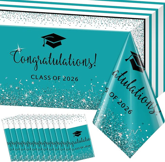 12 Pack Class of 2026 Graduation Tablecloths,Foil Dot Plastic Disposable Rectangle Table Covers for 2026 High School University College Graduation Party Decorations,108*54 Inch (Teal and Black)