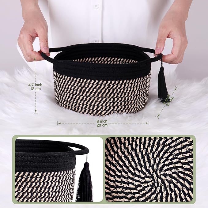 Small Woven Gift Basket Empty to Fill for Boys Man, Little Cotton Rope Bin for Desk, Bathroom, Shleves, Cute Decorative Plant Basket, 2 Pack, Pre-Shaped, With Gifts Bag & Ribbon, Black Brown