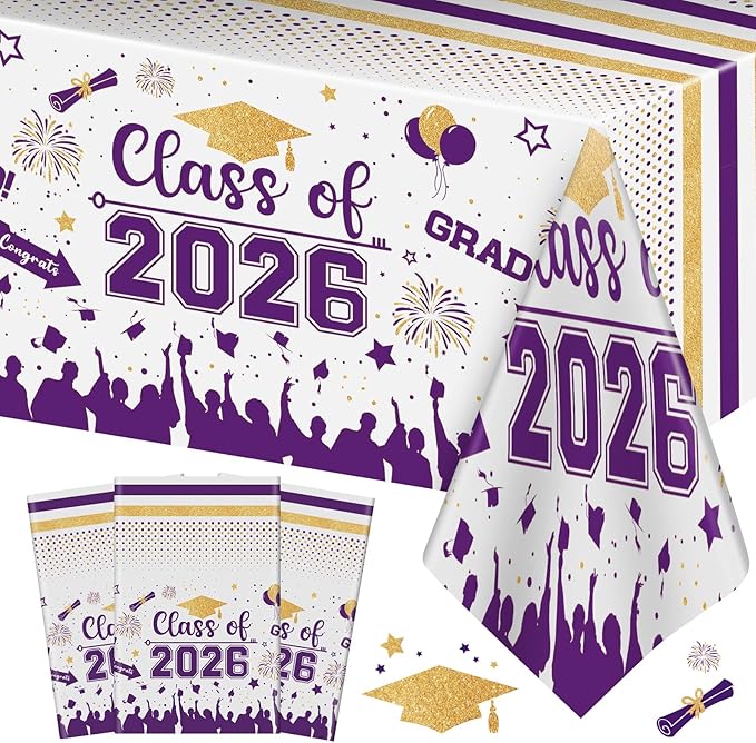 Graduation Decorations Class of 2026 Tablecloth - 3 Pcs Plastic Congrats Grad Table Cloth, Graduation Table Cover for Graduations Party Decorations 2026 and Party Supplies, 54"x108" (Purple and Gold)