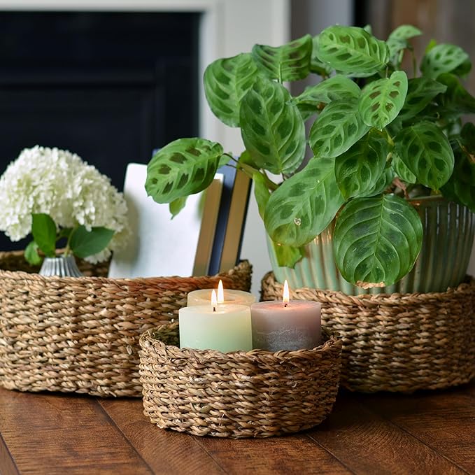 WHW Whole House Worlds Wicker Bread Basket Bowls, Set of 3, Thick Chunky Seagrass, Sweater Weave, Decorative, 11.75, 9.75, and 7.75 D Inches