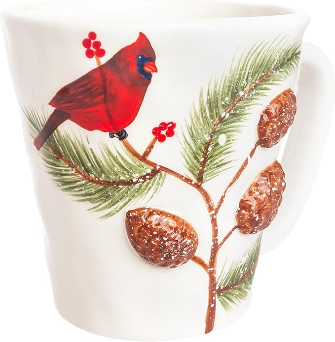 Boston International Ceramic Mug for Coffee Tea & Hot Drinks, 12-Ounces, Pinecones & Cardinals