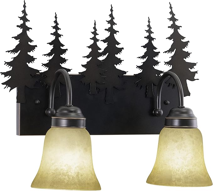 VAXCEL Yosemite 2-Light 16.75 inch Wide Burnished Bronze Rustic Cabin Bathroom Vanity Lighting Fixture, Amber Flake Glass Shade, Tree Motif, Dimmable, LED Compatible, Over the Mirror Wall Mounted
