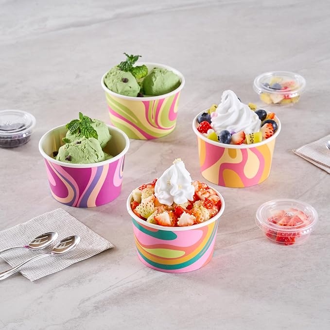 Coppetta 8 Ounce Dessert Cups, 50 Greaseproof Ice Cream Cups - Lids Sold Separately, For Hot And Cold Foods, Psychedelic Sunrise Paper Yogurt Bowls, Disposable, Sturdy - Restaurantware