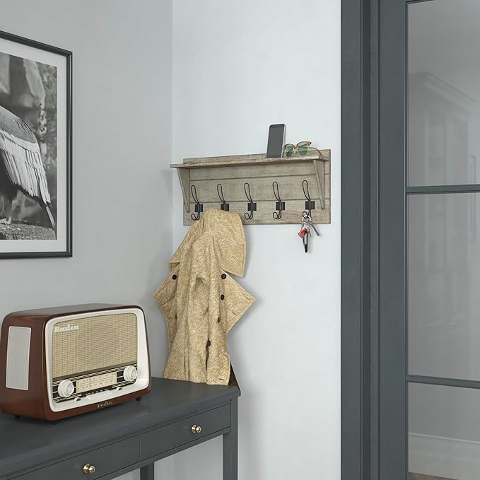 Flash Furniture Daly Wall Mounted Storage Rack - Weathered Solid Pine Wood - 24 Inch - Upper Shelf and 5 Hooks - For Entryway, Kitchen, Bathroom