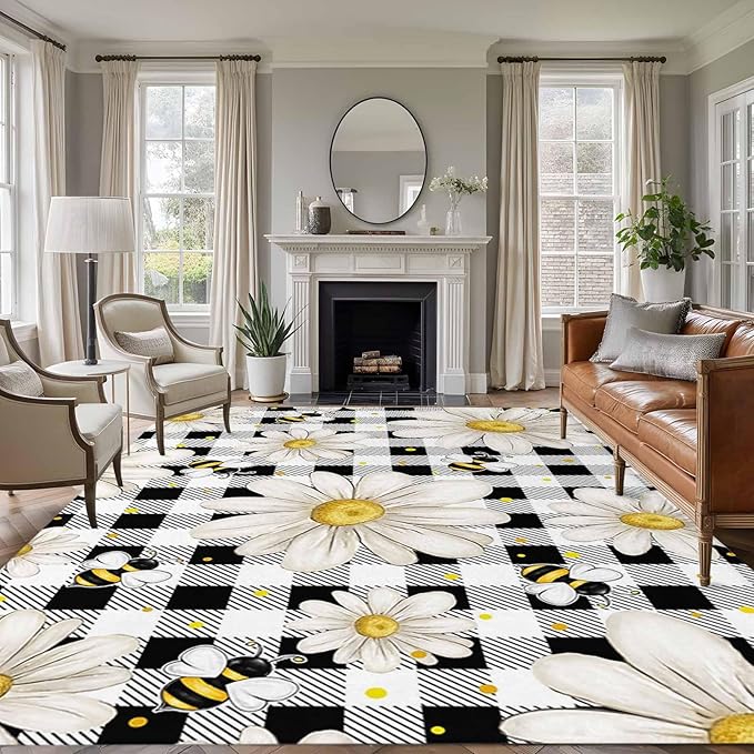 Area Rug 8x10ft, Farmhouse Blossom Flower Bee Washable Rugs for Living Room Bedroom, Spring Daisy Black White Plaid Soft Non-Slip Area Rugs Rectangle Floor Carpet for Dining Room