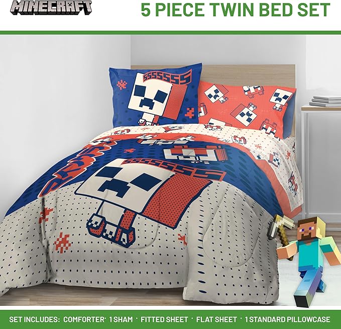 Jay Franco Minecraft Creeper Twin Comforter Set - 5 Piece Bedding Includes Sheet Set & Pillow Covers - Super Soft Red & Blue Oishi Market Kids Bedding