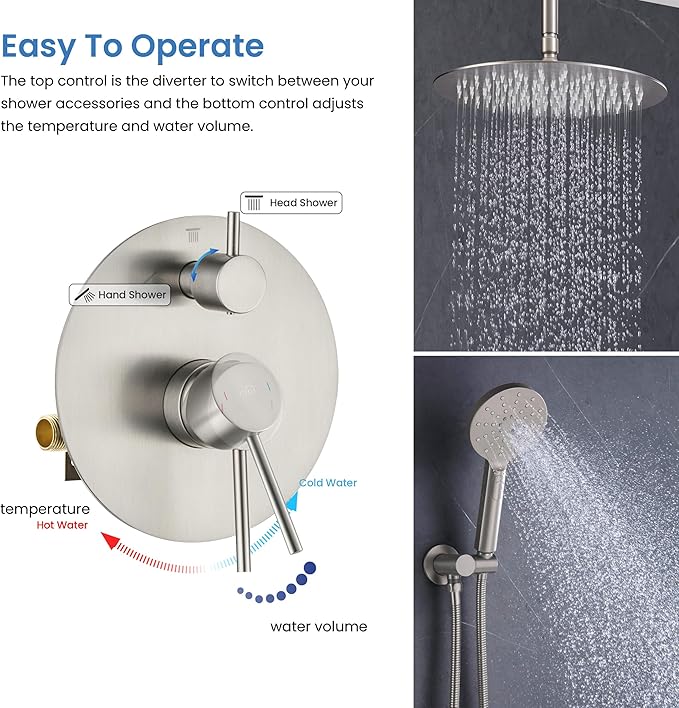 KIBI Circular Ceiling Mounted Shower System with 2-Function Faucet Set | Solid Brass Pressure Balanced Valve | Anti-Scald Design for Reliable Water Temperature Control (Brushed Nickel Finish, KSF408)