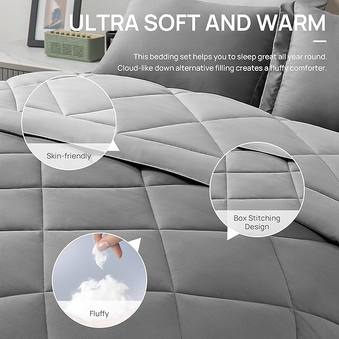 Love's cabin Twin Comforter Set Grey, 5 Pieces Twin Bed in a Bag, All Season Bedding Sets with 1 Comforter, 1 Flat Sheet, 1 Fitted Sheet, 1 Pillowcase and 1 Pillow Sham | Soft, Breathable, Lightweight, Comfortable