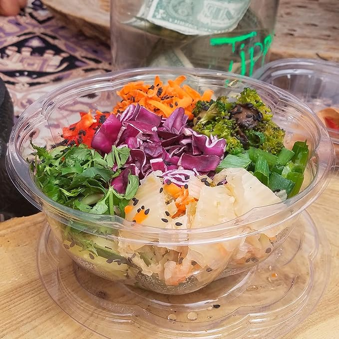 ECO PRODUCTS Compostable Clear PLA Plastic 32oz Salad Bowl With Lid, Case of 150, Grab 'n' Go Round Cold Takeout Food Containers, Renewable Plant-Based, Disposable, ASTM Compliant, BPI-Certified
