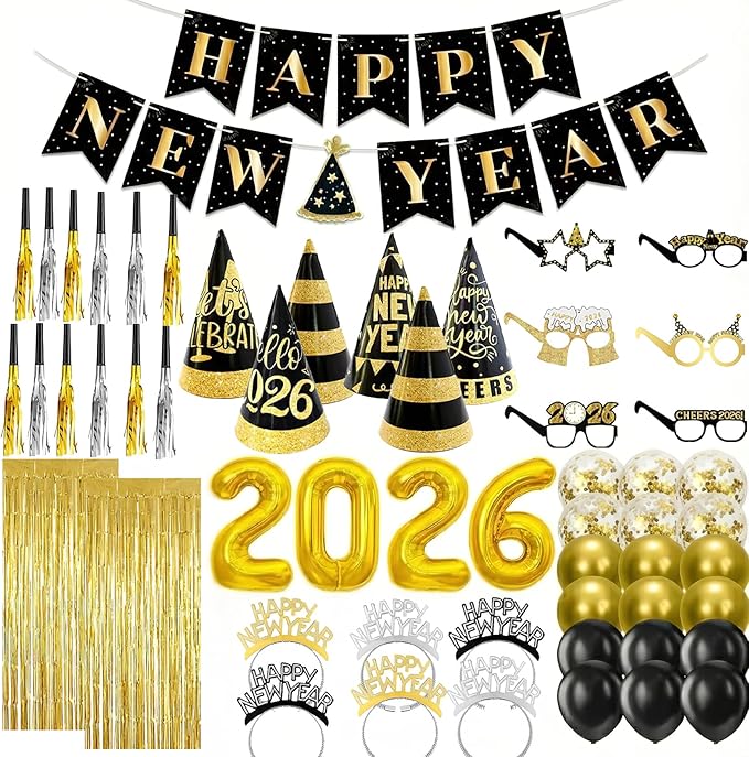 2026 Luxury New Year's Eve Party Decorations Kit | Black Gold White Confetti Balloons Banner, Jumbo 2026 Balloons,Curtain, Champagne Bottle for Countdown Backdrop Supplies
