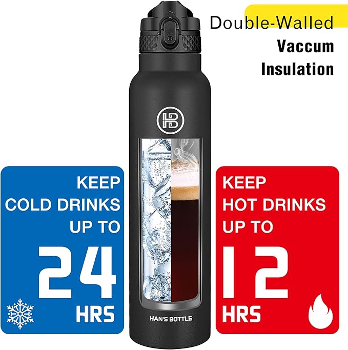 Han's Bottle Sports Water Bottle - 32 Oz, Straw Lid, Leak Proof, Vacuum Insulated Stainless Steel, Double Walled, Thermo Mug,Black