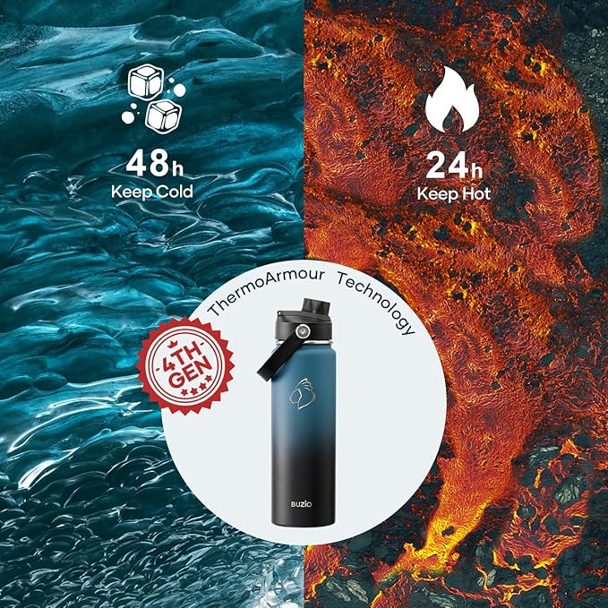 BUZIO Insulated Water Bottle with Straw Lid and Flex Cap, 24 oz Modern Double Vacuum Stainless Steel Water Flask, Cold for 48 Hrs Hot for 24 Hrs Simple Thermo Canteen Mug, Indigo Black