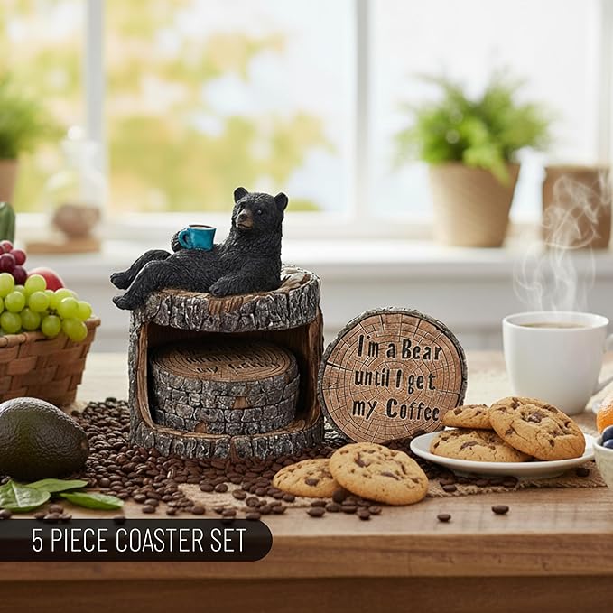 Pine Ridge Black Bear Coasters- Coaster Set for Kitchen, Den, Living Room Or Cabin for Drinks