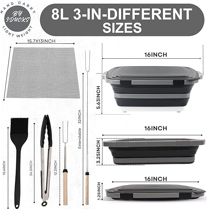 Collapsible BBQ Prep Tub 8L Black | Portable Meat Marinating Container with Locking Cutting Board Lid, BBQ Tongs, Grill Mesh, Silicone Brush & 3 Roasting Sticks for Camping & Outdoor Grilling