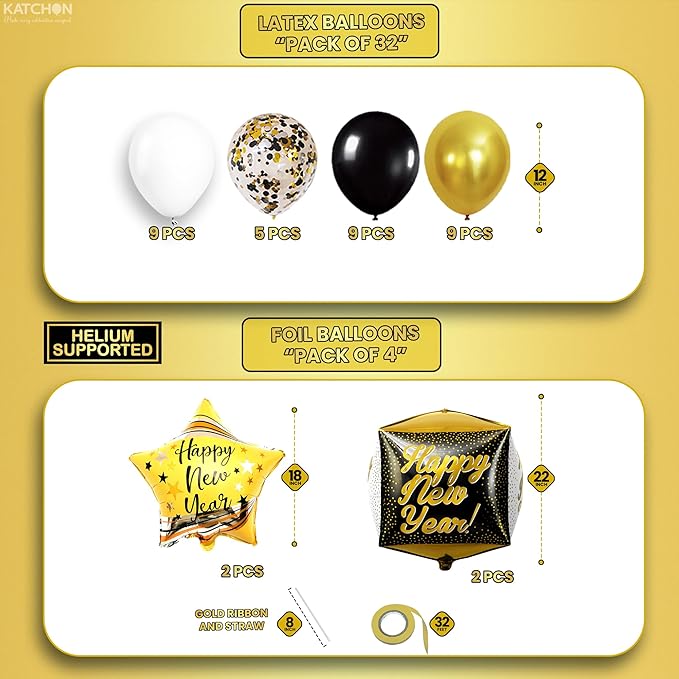 KatchOn, New Years Eve Party Supplies 2026 - Huge, Set of 76 | Black and Gold Happy New Year Banner, 2026 Balloon Numbers | New Year Foil Balloons, New Years Photo Booth Props | NYE Decorations 2026