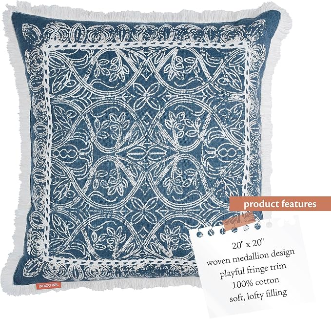 Indigo Ink Navy & Blue Decorative Pillow - 20" x 20" | Square Throw Cushion for Couch, Chair, Bed | Textured Cotton Cover | Cozy Classic Home Decor | Soft Plush Filling | White Denim Collection