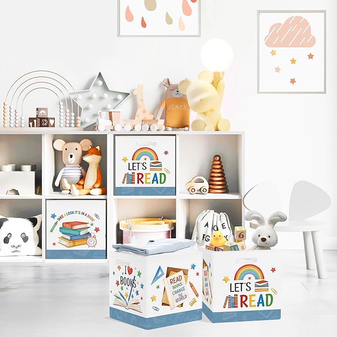 Clastyle Education Storage Cube Organizer Set Handle Closet Clothes Cube with Metal Frame Foldable Parents Organizer Storage Basket for Book Toy,Rainbow Book,11.8x11.8x11.8 in