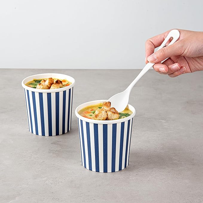 Restaurantware Bio Tek 12 Ounce Soup Containers 200 Durable Soup Bowls - Disposable Sustainable Blue And White Paper Soup Cups Striped Round For Hot Or Cold Foods