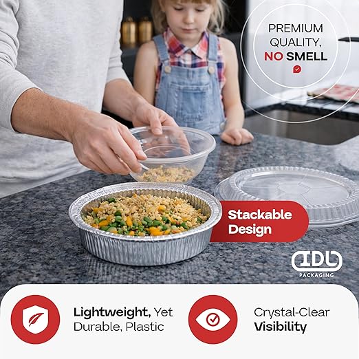 IDL Packaging 9" Round Aluminum Foil Pans with Dome Lids (Pack of 100) - Disposable Aluminum Container with Clear Plastic Lids - Great for Baking, Cooking, Serving