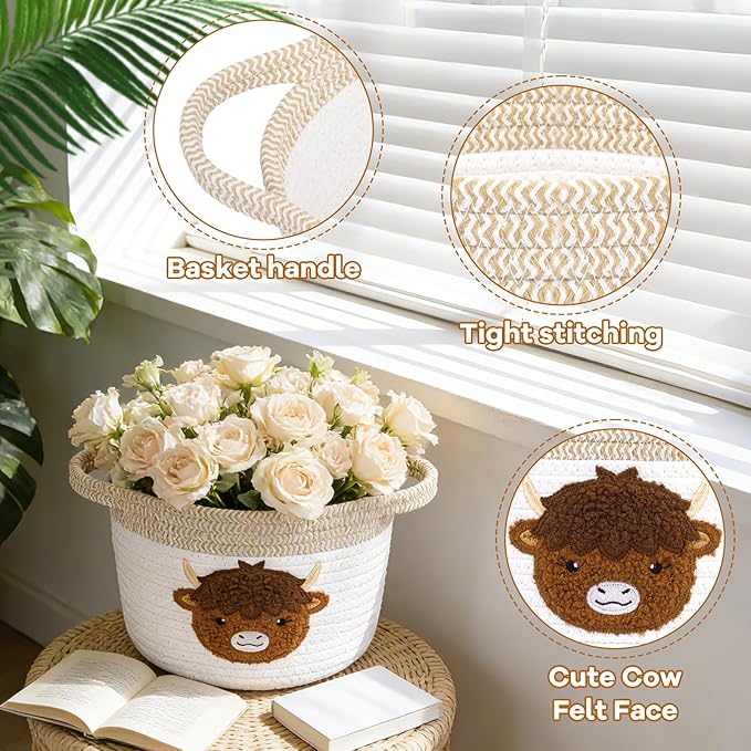 Highland Cow Gift Basket - Small Woven Cotton Rope Organizer Basket for Nursery, Pet Toys & Baby Shower, Foldable Decorative Bin with Handles (7.8x6in)
