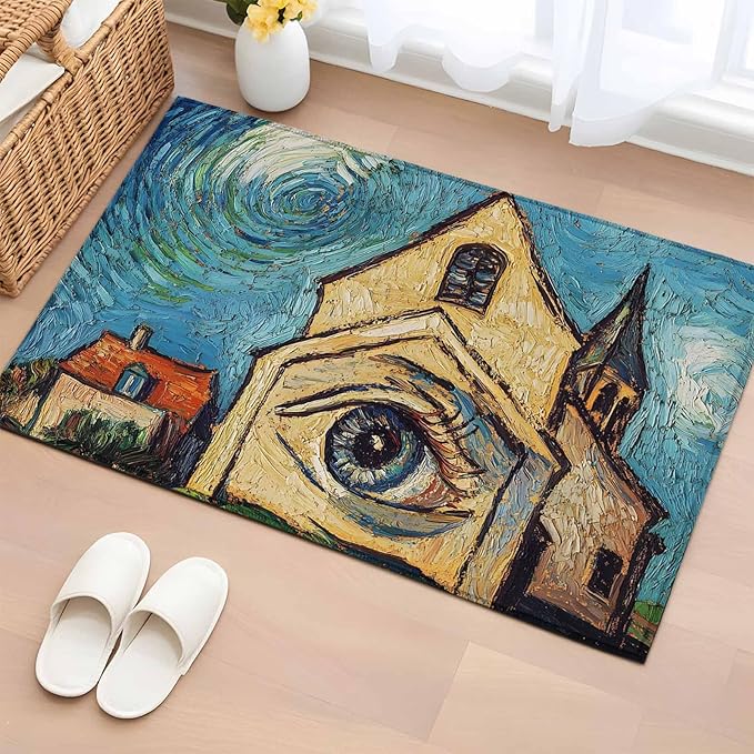 Area Rug 2x3ft, Abstract Farmhouse Starry Night Eye Washable Rugs for Living Room Bedroom, Rustic Oil Painting Art Soft Non-Slip Area Rugs Rectangle Floor Carpet for Dining Room