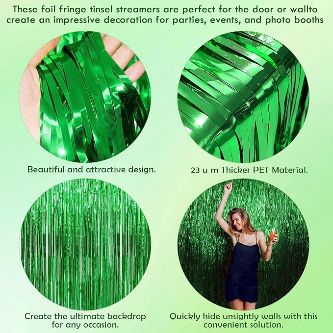 Green Tinsel Backdrop Curtains - 2 Pack Foil Fringe Streamers Photo Backdrop for 2026 World Soccer Cup Party Decorations | Soccer Football Theme Birthday Dinosaur Animal Party Wall Decor