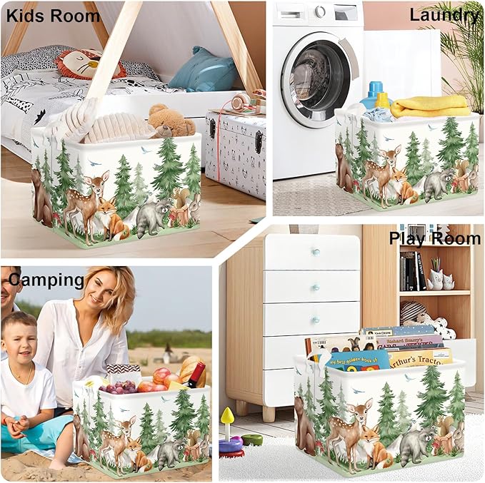 Forest Animals Baby Laundry Hamper Collapsible Clothes Kids Storage Basket Bear Fox Large Boys Girls Gift Toy Box Bin for Nursery, Deer, 36L