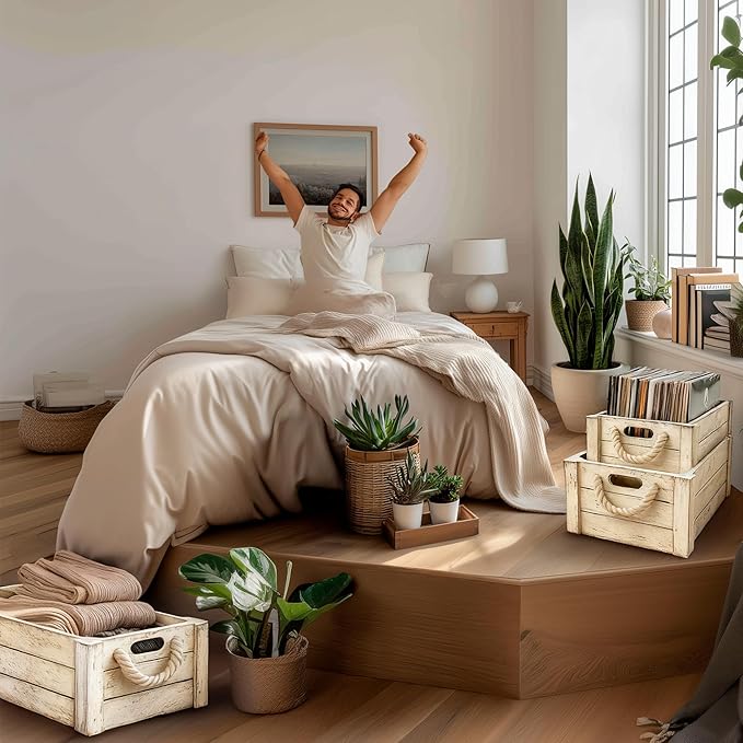 Set of 3 Rustic Nested Wooden Crates with Rope Handles - Decorative Farmhouse Storage Boxes for Kitchen, Living Room & Bathroom - Modern Wood Grain Home Organization