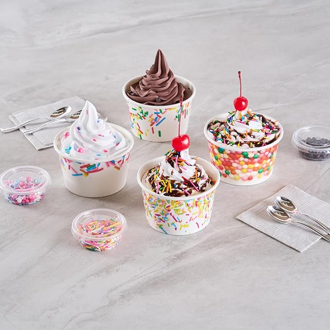Coppetta 8 Ounce Dessert Cups, 50 Greaseproof Ice Cream Cups - Lids Sold Separately, For Hot And Cold Foods, White Paper Yogurt Bowls, Party Sprinkle Design, Disposable, Sturdy - Restaurantware