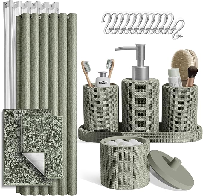 Clara Clark Sage Green Bathroom Set - Bathroom Sets with Shower Curtain and Rugs, 21PC Bathroom Accessory Set, Shower Curtain Set with Soap Dispenser & Toothbrush Holder