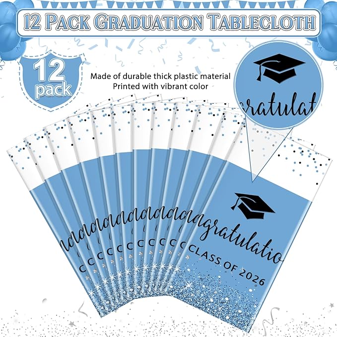 MASHAN 12 Pack Class of 2026 Graduation Tablecloths,Foil Dot Plastic Disposable Rectangle Table Covers for 2026 High School University College Graduation Party Decorations,108 * 54 Inch (Light Blue)