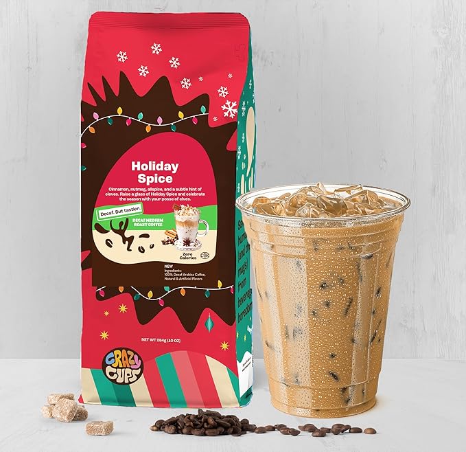 Crazy Cups Decaf Flavored Holiday Ground Coffee Variety Pack, Includes Decaffeinated Holiday Spice, White Christmas, Caramel Eggnog in 10 oz Bags, 3 Pack