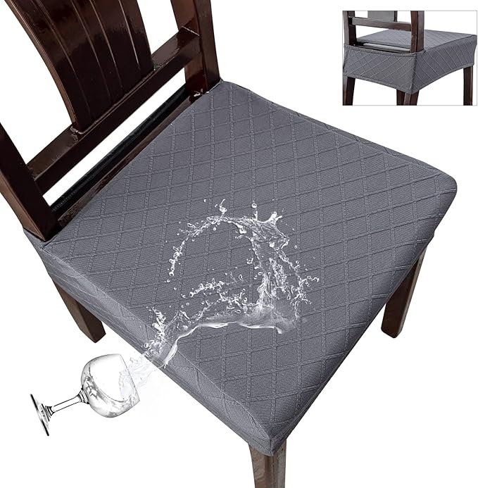 Genina Waterproof Seat Covers for Chairs,Set of 2 Dining Room Chair Seat Covers for Kitchen,Stretch Jacquard Removable Washable Dining Chair Slipcovers Protectors,No Rear Covers, Dark Grey